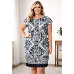 Tiana B Blue Black Teal Print Sheath Dress Plus Size 16 Cap Sleeves Back Zipper